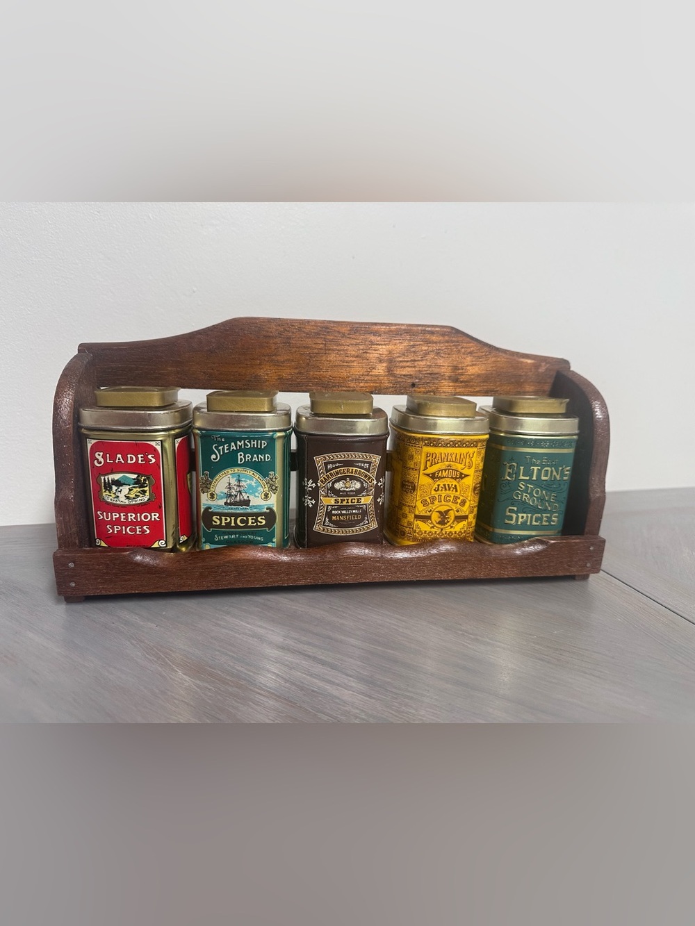 Vintage ‘Old Fashioned’ Tin Spice Cans with Wooden Spice Rack